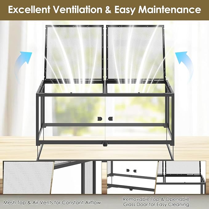 Erinnyees 50 Gallon Reptile Terrarium with Top Screen Ventilation, Snake Habitat with Heating Pad Space, Front Opening Reptile Vivarium with Sliding Cable Outlet for Snakes, Leopard Geckos, Turtles