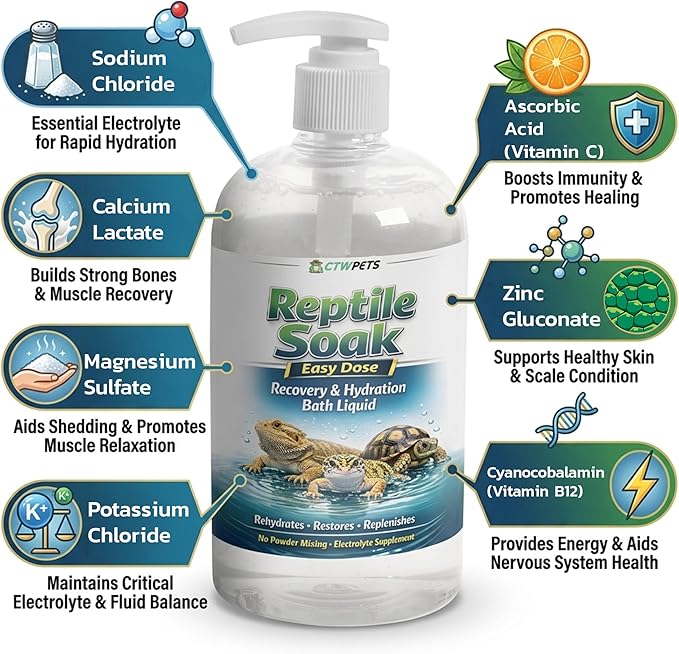 CTWPets Reptile Electrolyte Soak – Vitamin & Electrolyte Bath Concentrate for Bearded Dragons, Leopard Geckos, Tortoises & Snakes – Makes 100+ Baths (8oz, Easy Soak)
