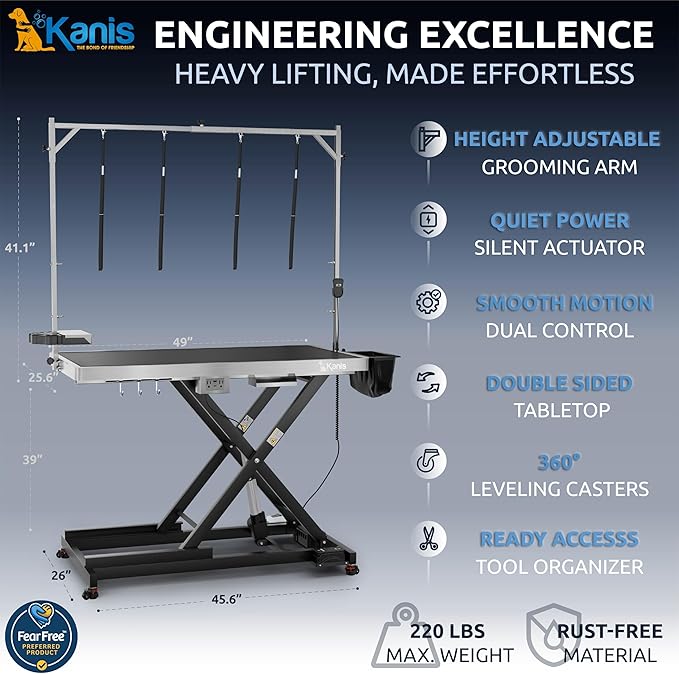 KANIS Professional Electric Dog Grooming Table - Heavy Duty, Height Adjustable Pet Grooming Table w/Leveling Wheels, Grooming Arm, Anti-Slip Tabletop & Tool Organizer/Dog Grooming Station (Black, 49")