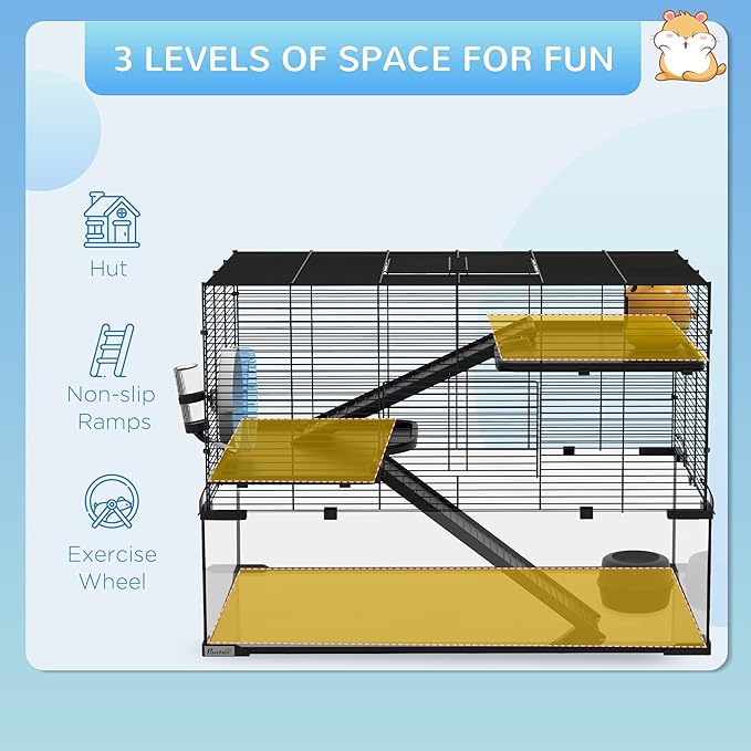 PawHut Large Hamster Cage with Deep Tempered Glass Bottom, 3 Tiers Hamster Tank with Running Wheel, Hut, Water Bottle, Dish, Rat Cage for Syrian, Dwarf, Gerbils, Mouse, 30" x 19" x 21.5", Black