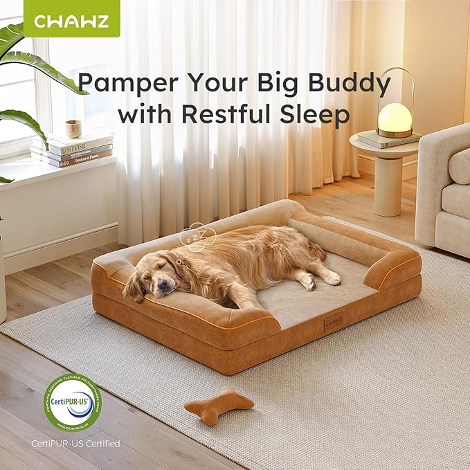 CWAWZ Extra Large Dog Bed, Orthopedic Dog Beds with Cooling Gel Memory Foam, Waterproof XL Pet Bed with Removable Washable Cover, 42" Pet Sofa Couch Dutch Velvet with Bone Toy, Brown
