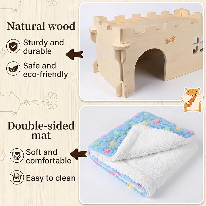 Castle Chinchilla House, Small Animal Hideout for Chinchilla, Guinea Pig, Hedgehog, or Rat, Ventilated Wooden Guinea Pig Hut Habitat with Multiple Doors (Large)