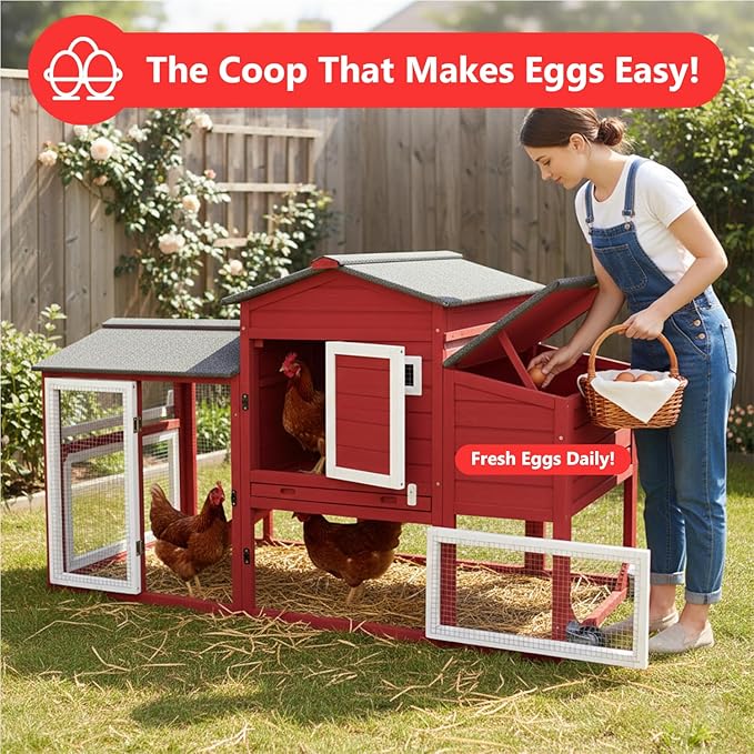 Chicken Coop for 2-3 Chickens, with Large Nesting Box, No-Slip Ramp & Pull-Out Tray, Wooden Poultry Bunny Hutch for Outdoor Indoor