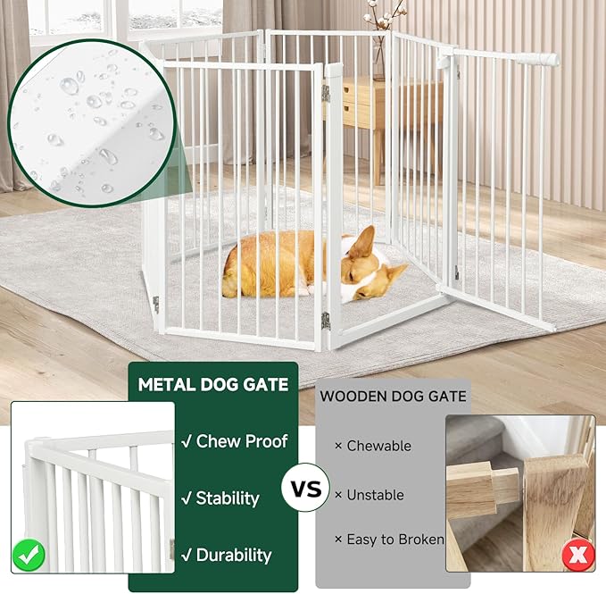 Snagle Paw Full Metal Freestanding Dog Gate with Door, 120” W x 24” H Pet Gate with Support Feet for Doorways, Stairs and Hallways, Portable Dog Fence for Indoor Use (24" 6 Panel, White)