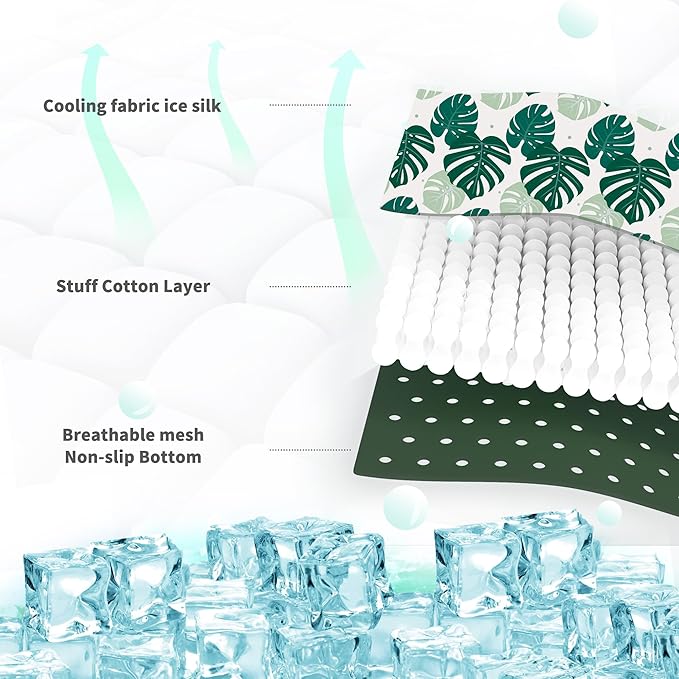 NWK Pack of 4 Pet Cooling Mat for Large Dogs -Q-Max>0.345 Ice Silk Cooling Mat for Dogs & Cats Portable & Washable Pet Cooling Blanket for Summer (4pcs, Green Leaf, 39'' X 27'' X 0.3'')