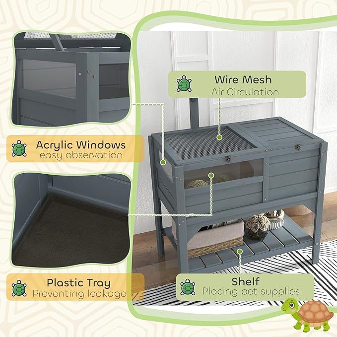 PawHut Tortoise Habitat with Shelf Storage, Reptile Enclosure with Tray, Light Support Frame, Gray