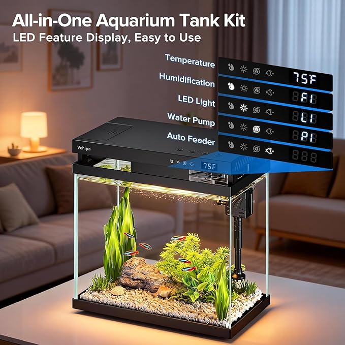 Fish Tank, 2.2 Gallon Smart Aquarium, Small Fish Aquarium Kits with Smart Humidifier, Auto Feeder, Silent Water Pump, Temperature Display & 7-Color Lighting, for Office & Home - Black