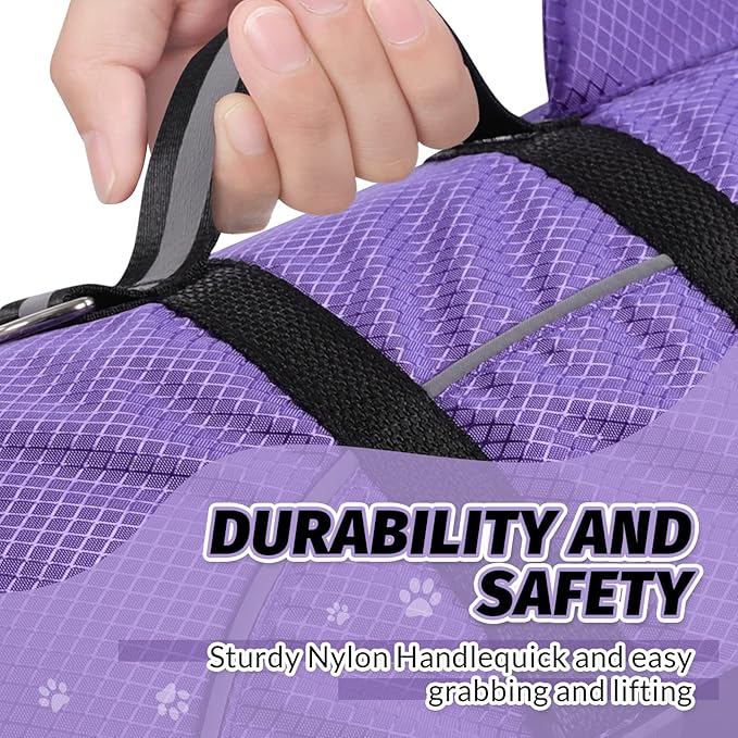 Queenmore Small Dog Shark Life Jacket for Swimming Boating Kayaking, High Buoyancy Puppy Dog Life Preserver with Strong Rescue Handle and Reflective Light (Purple, S)
