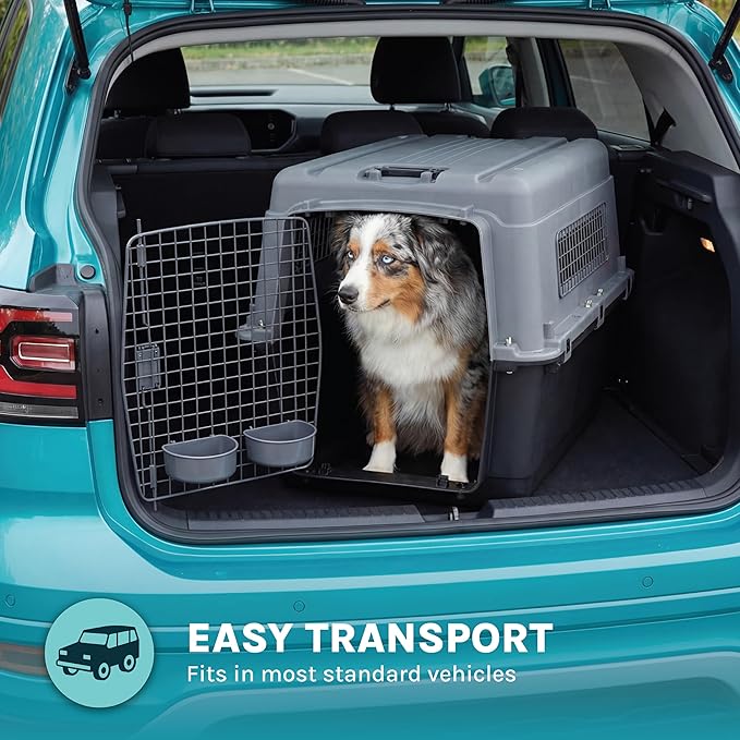 SportPet Airline Compliant LARGE 28.75" Travel Dog Kennel- Durable Plastic Airline Pet Carrier w/ Removable Wheels & Food Bowls, Collapsible Indoor/Outdoor Dog Kennel, Dogs up to 28"L & 20"H-Dark Gray
