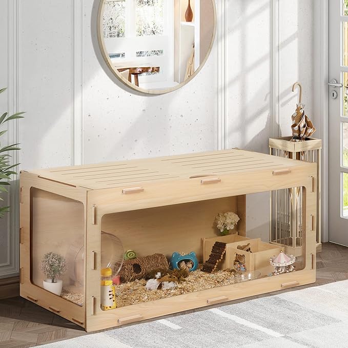 COZIWOW Hamster Cage 32", Large Wooden 270° Panoramic View Chewproof Habitat, Bigger World Small Animal House with Openable Top & Acrylic Panels for Syrian, Dwarf Hamsters, Gerbils