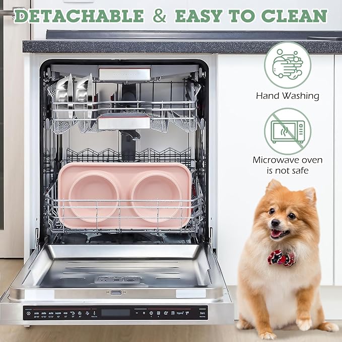 BNOSDM 2 Pcs Double Dog Food Bowls, Stainless Steel Small Dog Food and Water Bowls with Non-Spill Plastic Mat, Pet Cat Feeder Dish Set for Puppy Cats Kitten, Pink