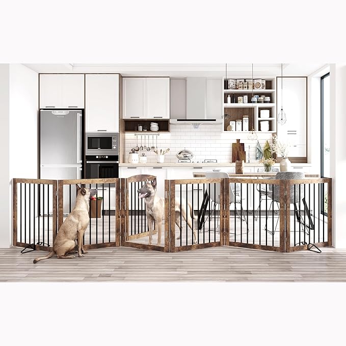 Vantas Folding Pet Gate 144" Wide, 30" Tall No-Assembly Wooden Dog Gate with Door Walk Through, Freestanding Puppy Safety Fence, with 2PCS Support - Rustic Brown