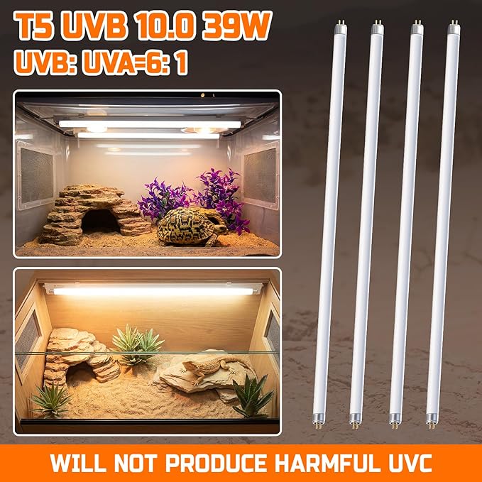 4 Pack T5 UVB Reptile Light Bulb, 34 Inch 39W 10.0, UVA UVB Fluorescent Tube T5 Reptile Light for Bearded Dragon
