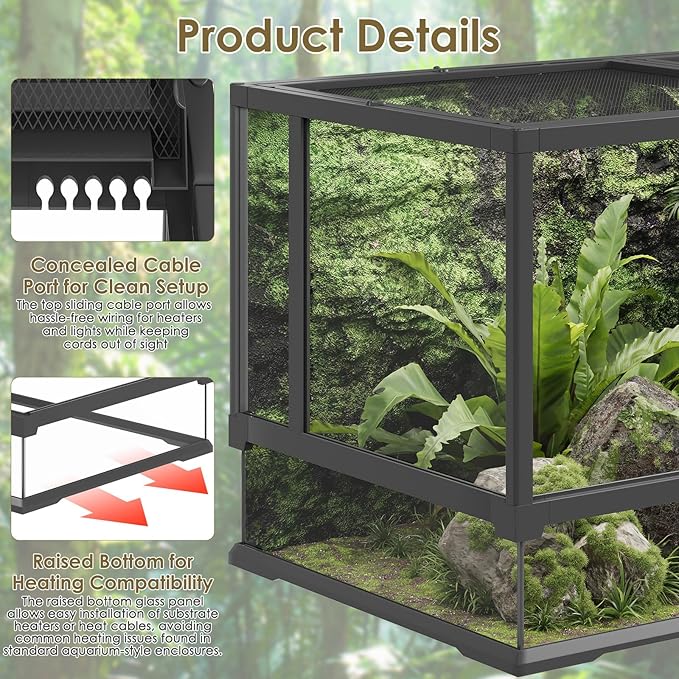 Erinnyees 50 Gallon Reptile Terrarium with Top Screen Ventilation, Snake Habitat with Heating Pad Space, Front Opening Reptile Vivarium with Sliding Cable Outlet for Snakes, Leopard Geckos, Turtles