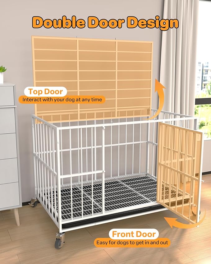 48 in White Heavy Duty Dog Crate Steel Escape Proof, Indoor Double Doors and Lockable Wheels,Removable Tray, for Dog Breeds,XL,XXL