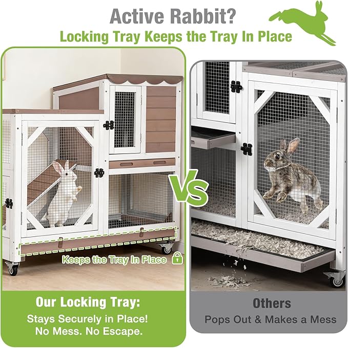 Gutinneen 2-Story Rabbit Hutch Bunny cage Wooden Rabbit Cage Indoor/Outdoor with Chew-Proof Ramp, 2 Leak-Proof Pull-Out Trays, Lockable Wheels for Rabbits, Guinea Pigs, Small Animals (Brown and White)