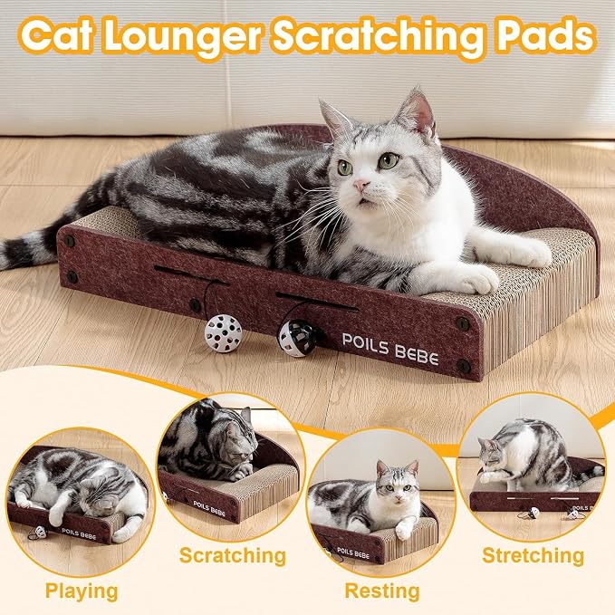 Poils Bebe 26 Inch Sofa Cat Scratcher, Small Cat Scratcher Cardboard with Bell Balls, Durable Couch Lounger for Indoor Cats, Cat Scratch Furniture Protector with Catnip, Cat Toys - Image 6