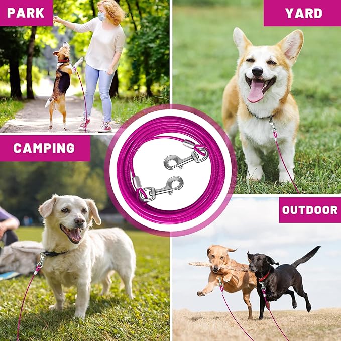Dog Tie Out Cable 10/15/20/25/30/50 FT Runner for Yard Steel Wire Cable Pink Dog Chains for Outside Dogs Lead for Large Dogs Up to 165 lbs
