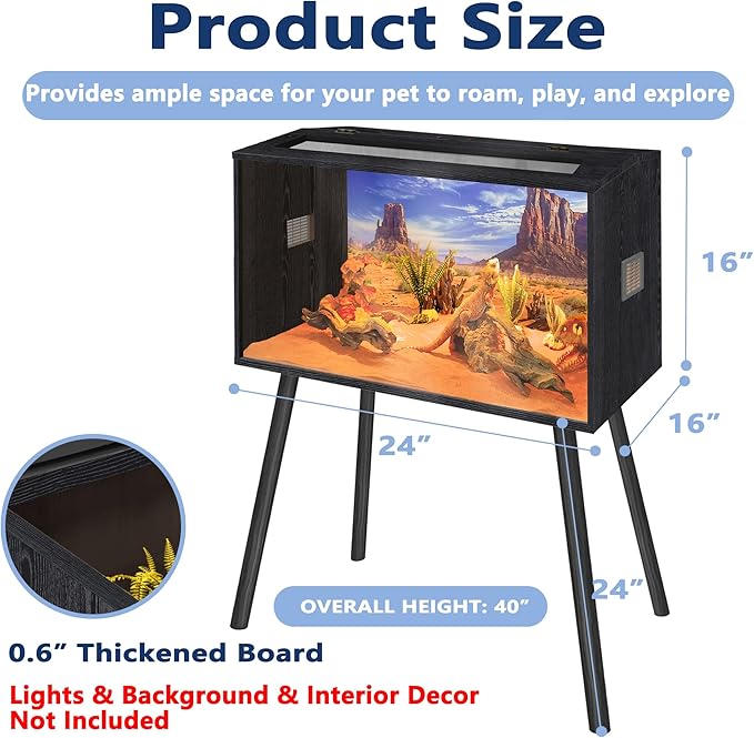 PROLEE 26 Gallon Reptile Tank, Tempered Glass Bearded Dragon Tank with Wooden Roof and Lockable Doors, Large Lizard Habitat with Built-in Lamp Fixture for Snakes, Iguanas, Chameleons (Black)