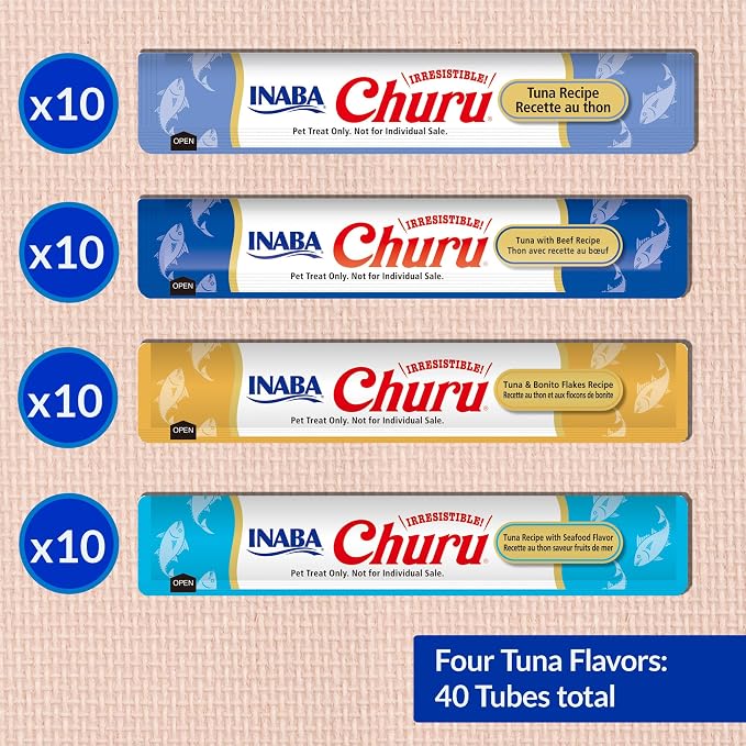 INABA Churu Cat Treats, Lickable, Squeezable Creamy Purée Cat Treat with Green Tea Extract & Taurine, 0.5 Ounces Each Tube, 40 Tubes, Tuna Variety Box - Image 6