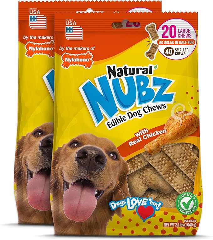 Nylabone Nubz Natural Dog Chew Treats for Large Dogs, Long Lasting Dog Chew Bones Made in the USA, Chicken Flavor Breath Freshener Dental Chews, Large Dog Bones For Dogs Over 30 lbs. (40 Count)