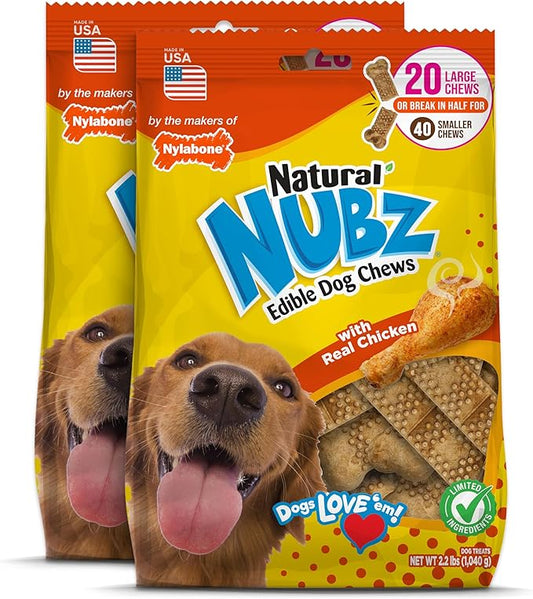 Nylabone Nubz Natural Dog Chew Treats for Large Dogs, Long Lasting Dog Chew Bones Made in the USA, Chicken Flavor Breath Freshener Dental Chews, Large Dog Bones For Dogs Over 30 lbs. (40 Count)