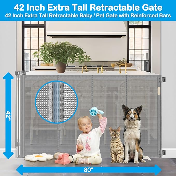 Reinforced 42" Tall X 80" Wide Retractable Baby Gate Extra Tall Cat Gate for Stairs No Sag Retractable Baby Gates for Doorways No Wrinkle Mesh Gates for Kids or Pets with Reinforced Strips, Gray