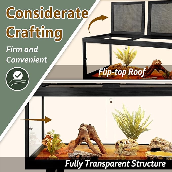 PROLEE Reptile Enclosure with Leg, 35 Gallons Bearded Dragon Tank, Tempered Glass Lizard Tank with Metal Mesh Tops and Lockable Door, Spacious Reptile Habitat for Snake,Lizard (Black)