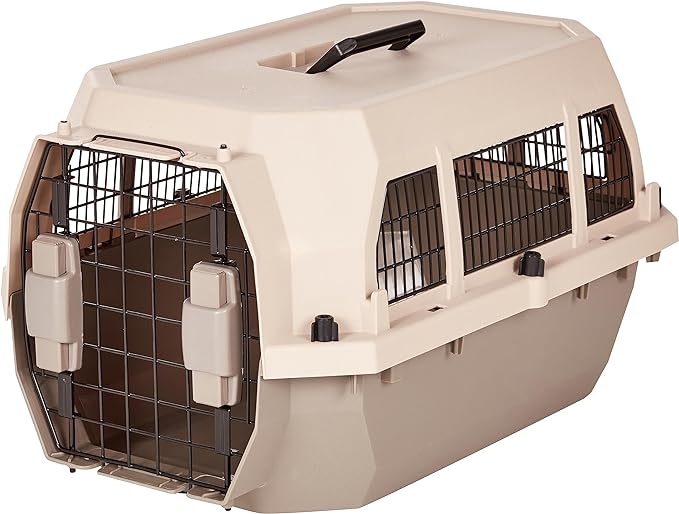 Amazon Basics Hard-Sided Dog and Cat Kennel, Single-Door Travel Pet Carrier with Metal Wire Ventilation, 23.6"L x 15.7"W x 13"H, Beige
