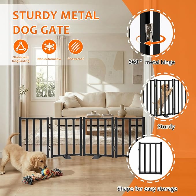 Snagle Paw Short Dog Gate,16.5" Tall Freestanding Metal Dog Gate Only for Small Dogs with Support Feet Easily Step Over,Up to 48" Wide Puppy Gate Indoor for Stairs,Doorways(Black,4 Panel)