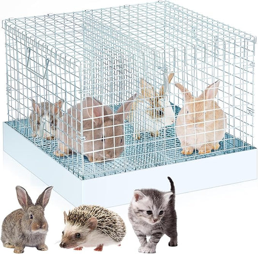DoubleFill 2 Hole Folding Rabbit Transport Cage, Portable Bunny Carrier with Tray and Handles for Travel or Temporary Housing, Indoor Outdoor Pet Habitat Animal Enclosure(18 x 18 x 14 in)