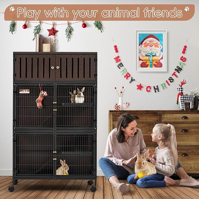 HABUTWAY 50''H Metal Large Ferret Cage, Rolling Chinchilla Cage with Removable Ramps& Double Door, with Locker, Small Animal Cage Indoor Wooden Pet Crate Furniture