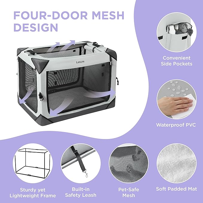 Lesure Collapsible Dog Crate - Portable Travel Kennel for Medium Dog, 4-Door Pet Crate with Mesh Windows, Indoor & Outdoor, Charcoal Gray