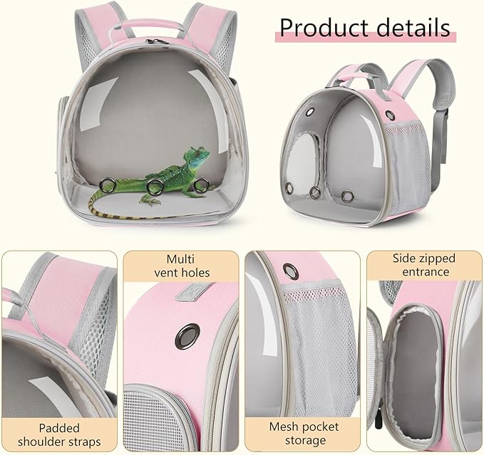 Bearded Dragon Carrier Backpack with Security Printing Harness Set, Reptile Lizard Travel Carrier (Pink, Security Harness)