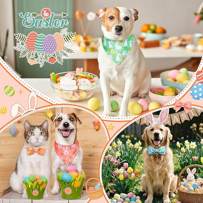 Sanwuta 50 Pcs Easter Dog Bandanas and Collar Bow Ties Set 25 Bandanas Bulk 25 Charm Dog Collar Pet Triangle Pet Scarf Bowtie for Small Medium Large(Easter)