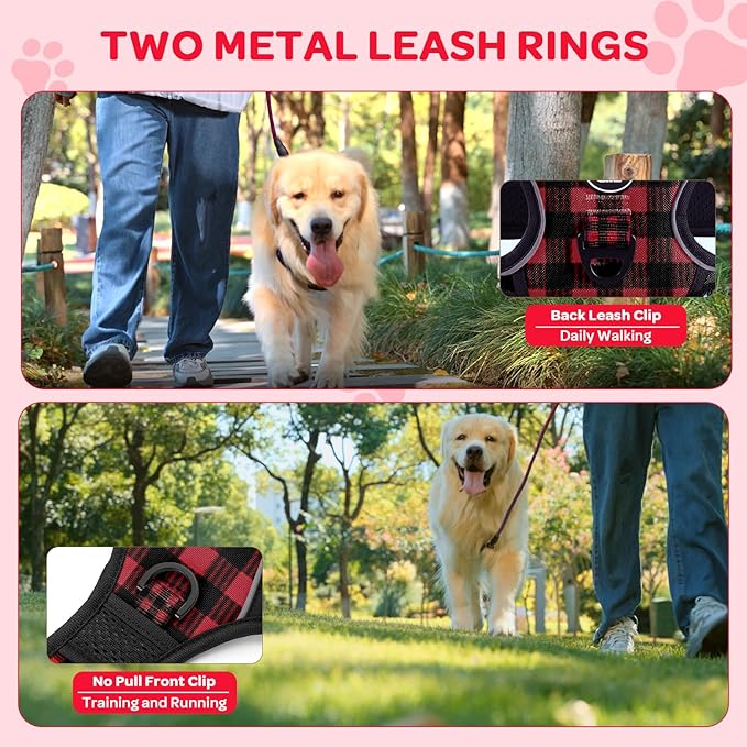 FURRYFECTION Plaid Dog Harness for Small Dogs, Reflective No Pull Adjustable Pet Vest with Front Clip, Leash, Easy Control Handle and Seat Belt, Red&Black, S