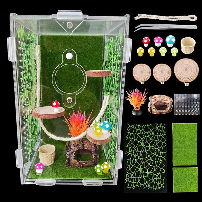 Acrylic Jumping Spider Enclosure,Reptile Enclosure,Bug Habitat, for Small Tree Dwelling Reptiles,Arboreal Tarantula Enclosure, Spider Terrarium Kit,Plastic Terrarium(4.7" X 4.7" X 8")