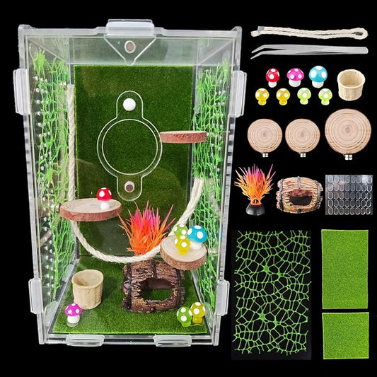 Acrylic Jumping Spider Enclosure,Reptile Enclosure,Bug Habitat, for Small Tree Dwelling Reptiles,Arboreal Tarantula Enclosure, Spider Terrarium Kit,Plastic Terrarium(4.7" X 4.7" X 8")