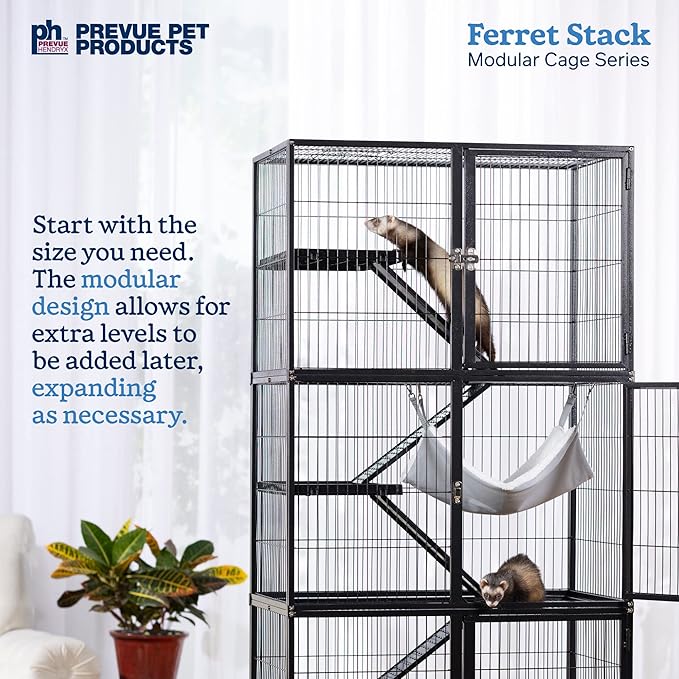 Prevue Pet Products Ferret Stack Three Story Ferret Home with Portable Stand, Escape Proof Lock, Hammock, Ramps, Expandable Add-On Cage Stacking System
