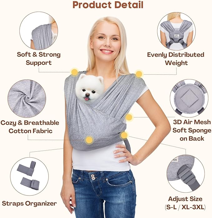 AnccoPlus Dog Carriers for Small Dogs, Front Facing Small Dog Carrier, Hands Free Pet Carrier, Size Adjustable Cat Carriers, Reducing Back Pain, Safe Soft Cotton Cat Sling (Regular, Heather Gray)