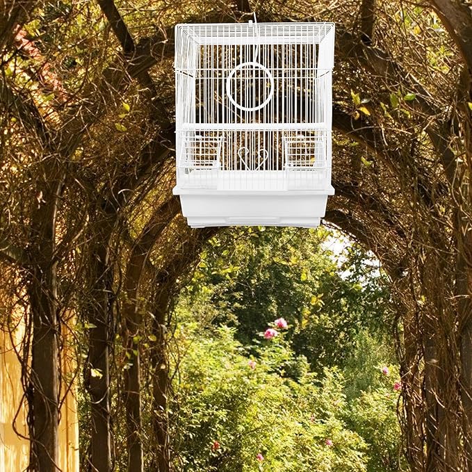 Metal Bird Cage Parrot Carrier with Handle Portable Iron Travel Cage White Medium Size for Cockatiel Conure Outdoor Use