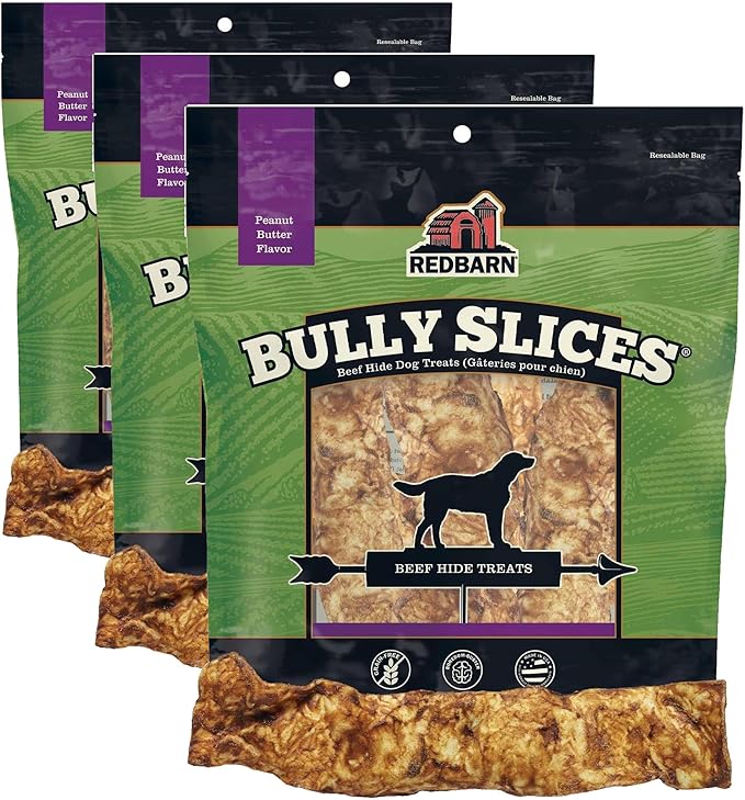 Redbarn Pet Products All-Natural Rawhide Bully Slices - Peanut Butter Flavor - Premium Grain-Free Beef Hide Treats High Protein Low Fat for Chewers - 9 oz Bag (Pack of 3)
