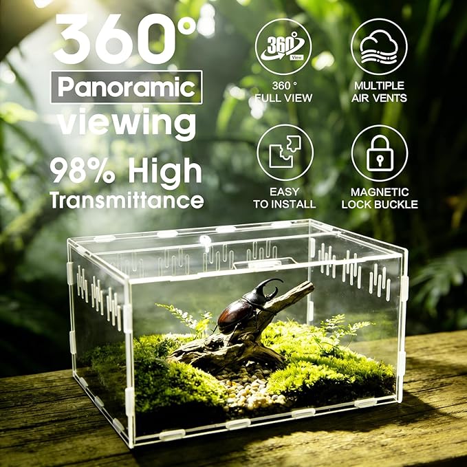 Acrylic Reptile Terrarium, Tarantula Enclosure with Magnetic Door, Easy-Clean Reptile Tank for Spider, Insect, Gecko, Mantis, Frog, Snail, Isopods(Tweezer and Bowl Included)