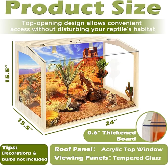 PROLEE Bearded Dragon Tank, Up to 81Gallon Reptile Enclosure, Tempered Glass Lizard Tank, Bearded Dragon Enclosure with Built-in Lamp Fixture for Chameleon (Skylight Roof, 30Gallons,24x15.5x15.5 Inch)