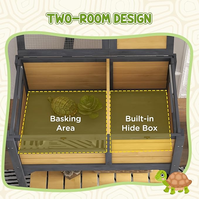 Turtle Habitat Enclosure, Large Wooden Tortoise House for Indoor and Outdoor Use, Reptile Enclosure with Openable Roof & Secure Locking System (Yellow+Storage Shelf)