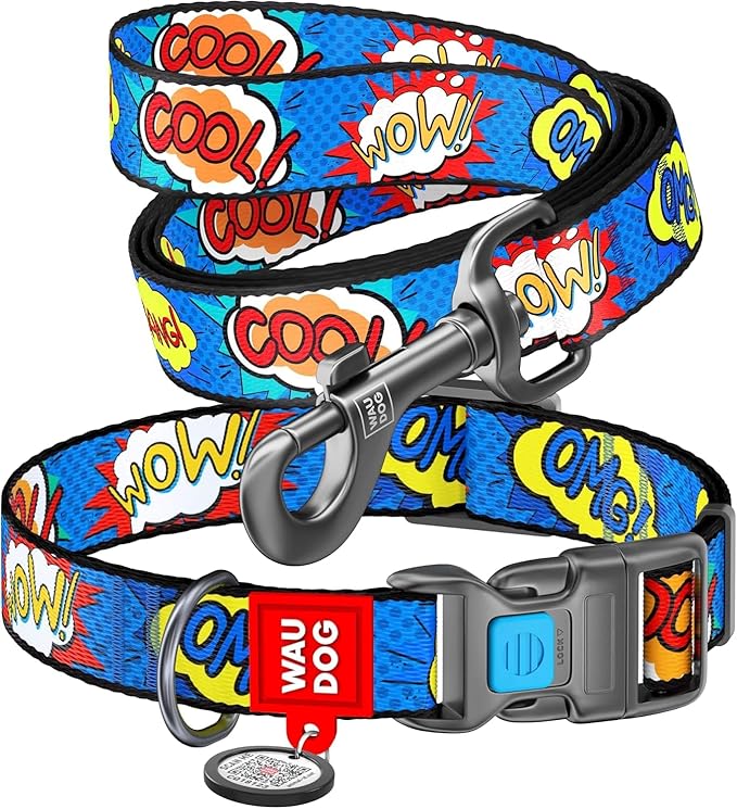 Nylon Dog Collar and Leash Set - Adjustable Dog Collar for Large Dogs, Small & Medium Dogs - Puppy Collars for Large Breed - Boy & Girl Collars with Durable Plastic Buckle and QR Tag