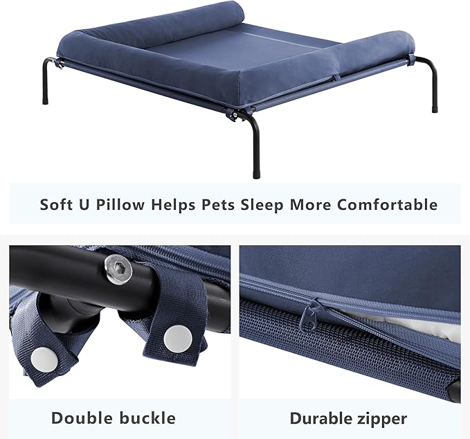 Cooling Elevated Dog Bed for Large Dogs, Outdoor Raised Dog Beds Portable Dogs Cot Bed W/Breathable Mesh, Pet Cots W/Removable Waterproof Bolster