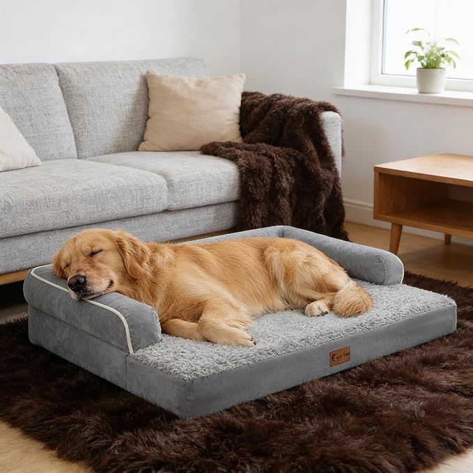 Orthopedic Dog Beds for Large Sized Dogs, Waterproof Egg Crate Foam Large Dog Couch Beds with Comfy Bolster 36x27Inch, Washable Pet Beds with Removable Cover and Nonskid Bottom, Grey