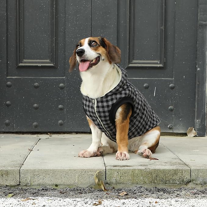 Vecomfy Fleece Lining Dog Hoodie for Large Dogs Extra Warm Plaid Sweater with Drawstring Hooded Coats in Winter Doggie Jacket,Black XXXL
