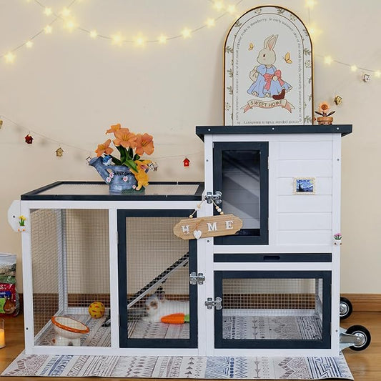 FunXplore Rabbit Hutch Indoor Bunny Cage Outdoor Chicken Coop with Wire Floor Slide Out Tray, Chew-Resistant Ramp & Entrance Openable Waterproof Roof & UV-Resistant Roof Handle Wheels